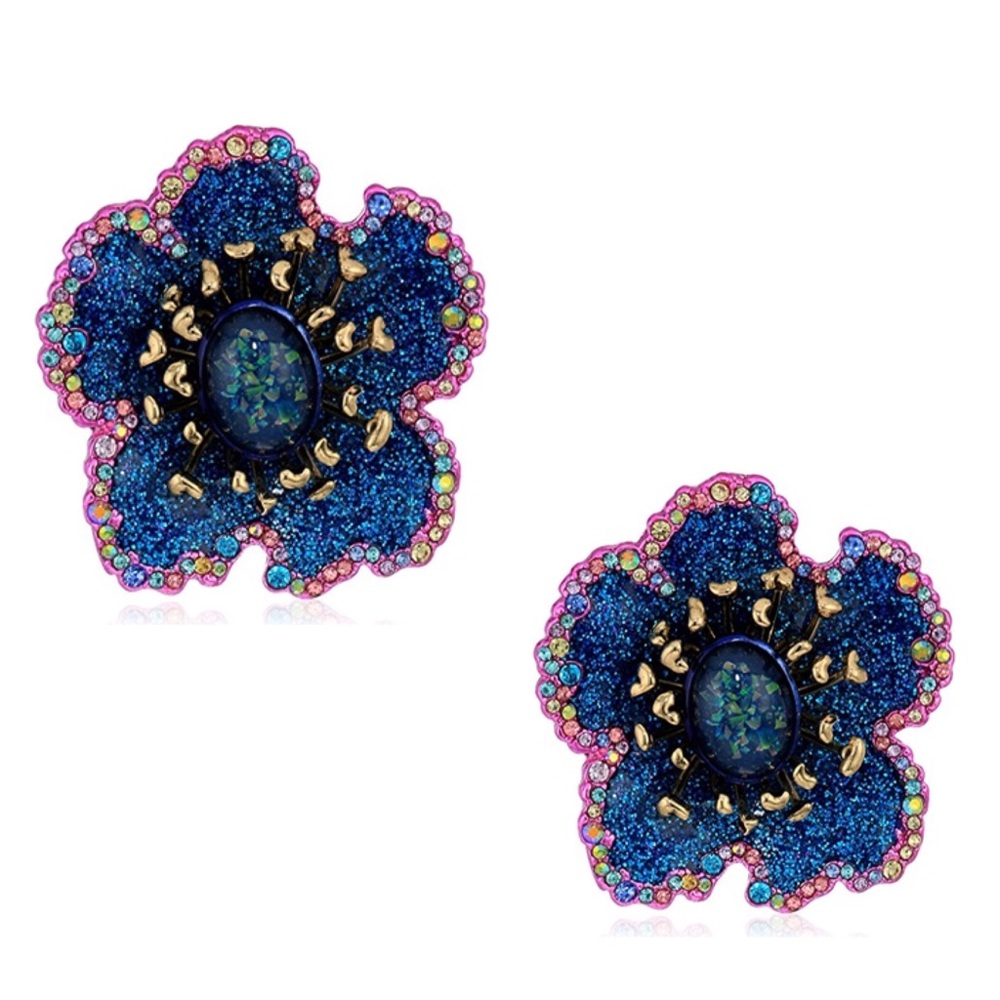 Betsy Johnson Blue Blooming Shiny Glitter Clip Ons